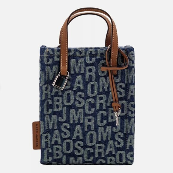 NWT! Marc Jacobs The Jumbo Logo Jacquard Micro Grind Denim Tote Crossbody - Picture 3 of 7
